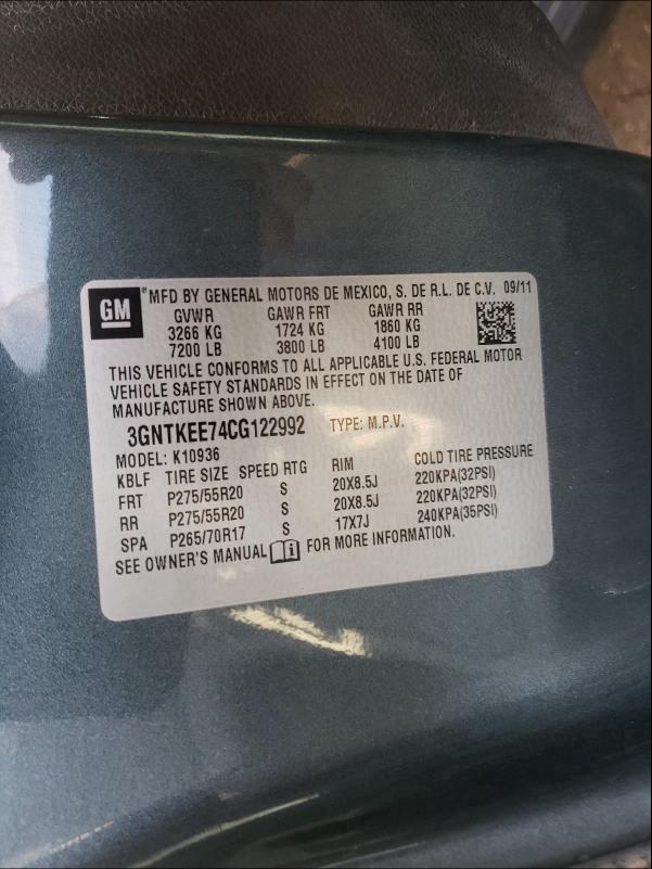 2012 CHEVROLET AVALANCHE 3GNTKEE74CG122992