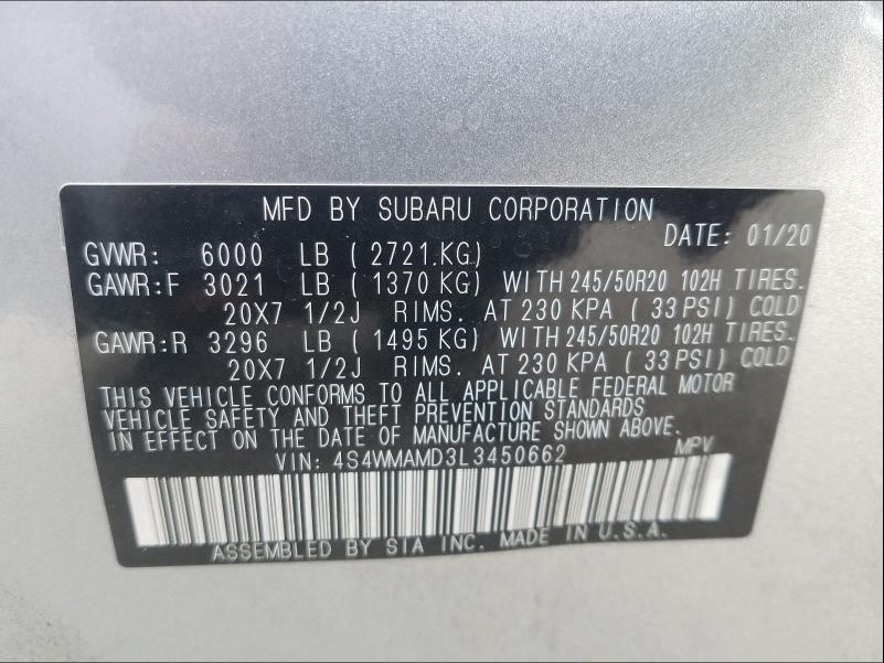 2020 SUBARU ASCENT LIM 4S4WMAMD3L3450662