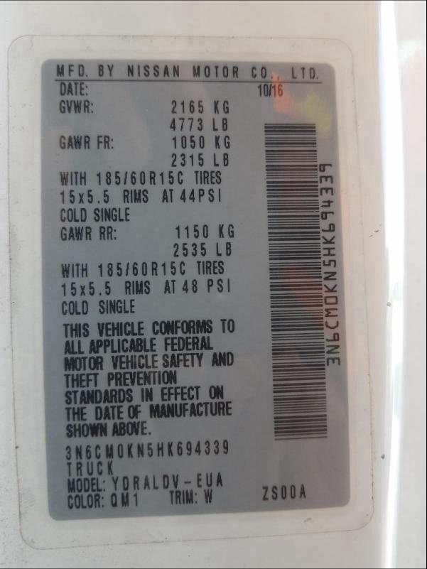 2017 NISSAN NV200 2.5S 3N6CM0KN5HK694339