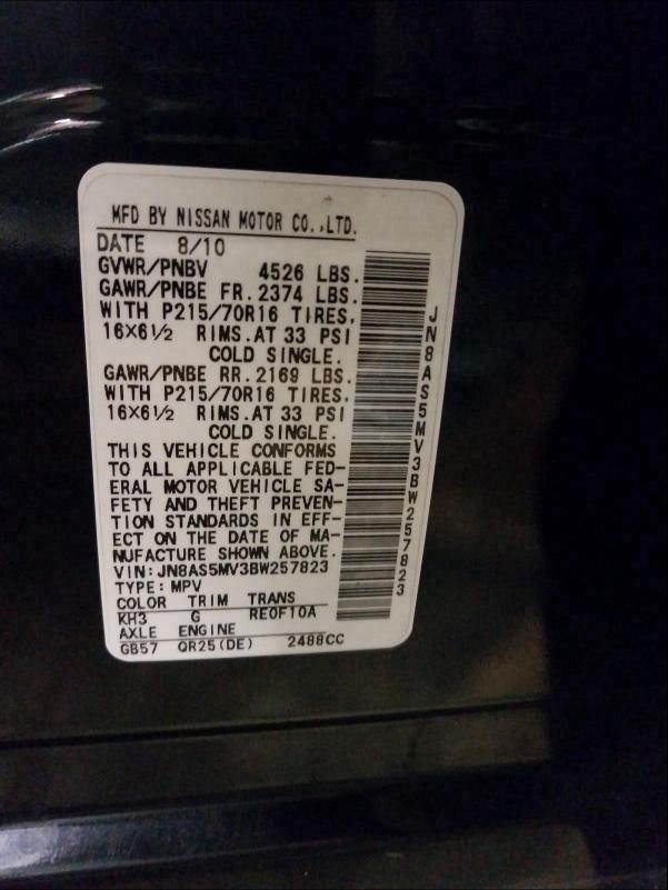 JN8AS5MV3BW257823 2011 Nissan Rogue S 2.5L