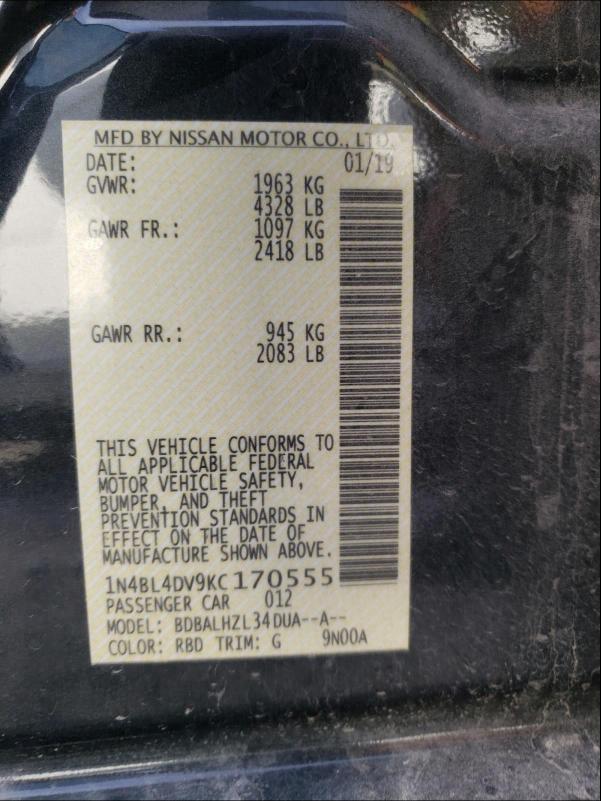 2019 NISSAN ALTIMA SV 1N4BL4DV9KC170555