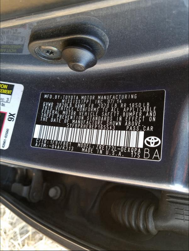 2014 TOYOTA COROLLA EC 5YFBPRHE8EP165543