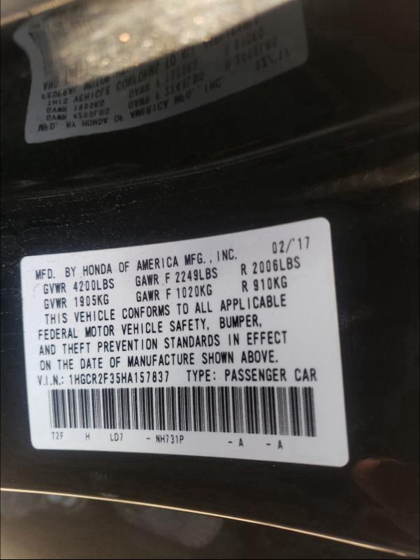 1HGCR2F35HA157837 2017 Honda Accord Lx 2.4L