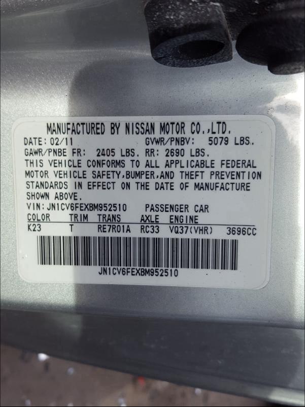2011 INFINITI G37 BASE JN1CV6FEXBM952510