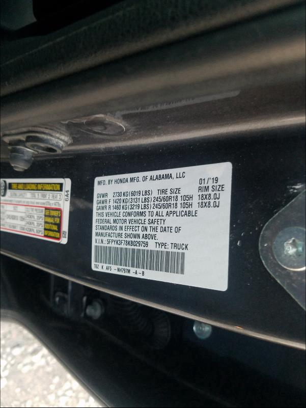 2019 HONDA RIDGELINE 5FPYK3F78KB029759