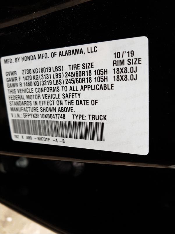 2019 HONDA RIDGELINE 5FPYK3F10KB047748