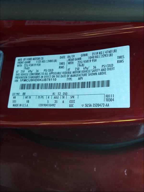 2019 FORD ESCAPE SEL 1FMCU9HD0KUB78110