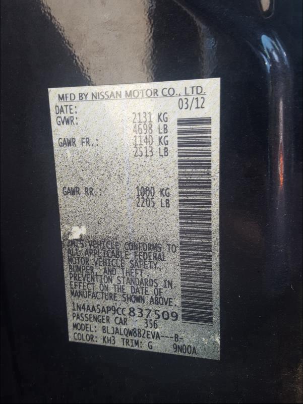 2012 NISSAN MAXIMA S 1N4AA5AP9CC837509