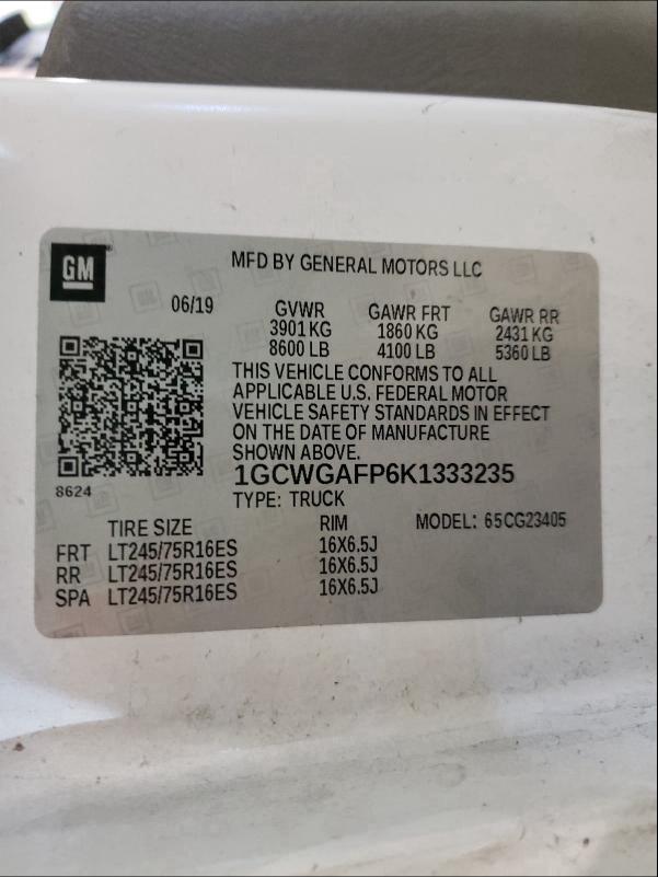 2019 CHEVROLET EXPRESS G2 1GCWGAFP6K1333235