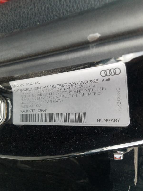 2018 AUDI S3 PREMIUM WAUB1GFF0J1029744