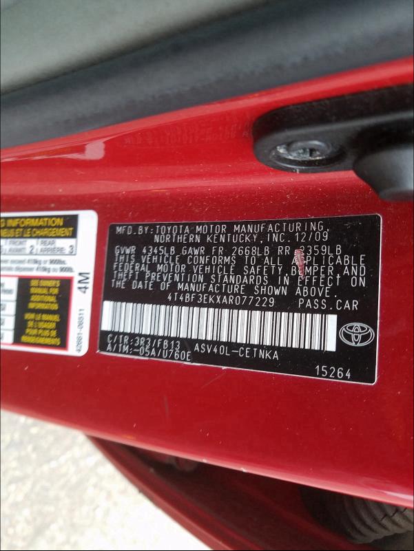 2010 TOYOTA CAMRY BASE 4T4BF3EKXAR077229