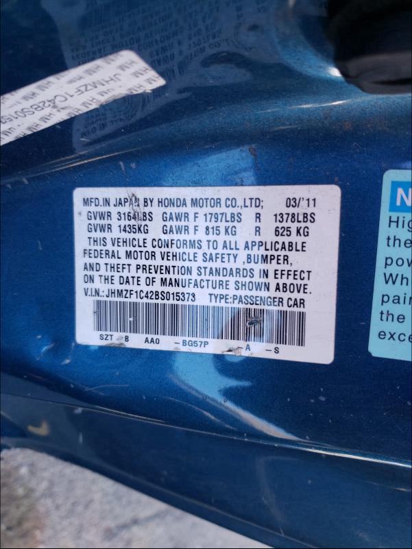 2011 HONDA CR-Z JHMZF1C42BS015373