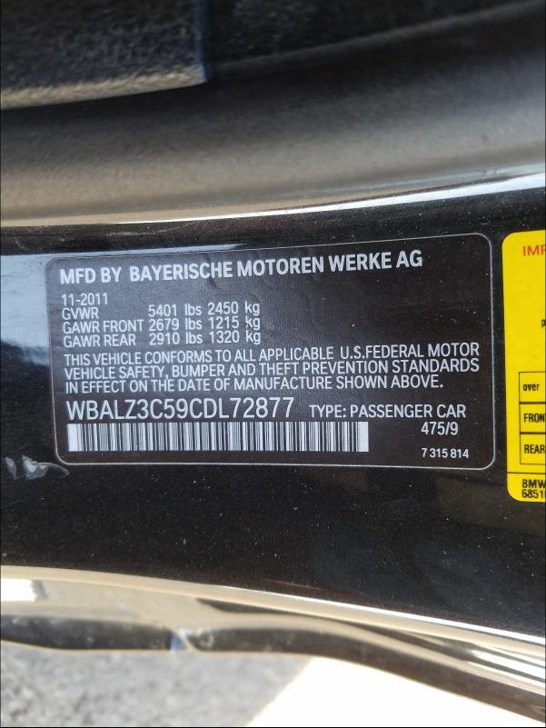 2012 BMW 650 I WBALZ3C59CDL72877