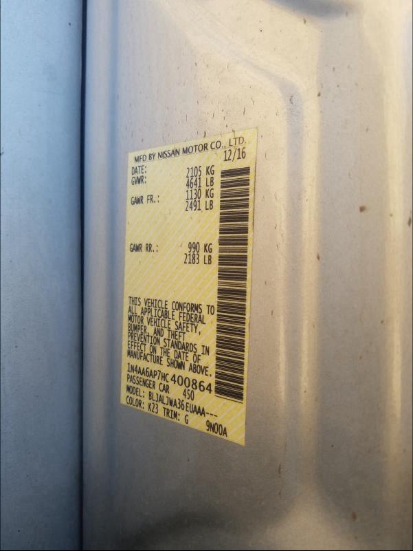 2017 NISSAN MAXIMA 3.5 1N4AA6AP7HC400864