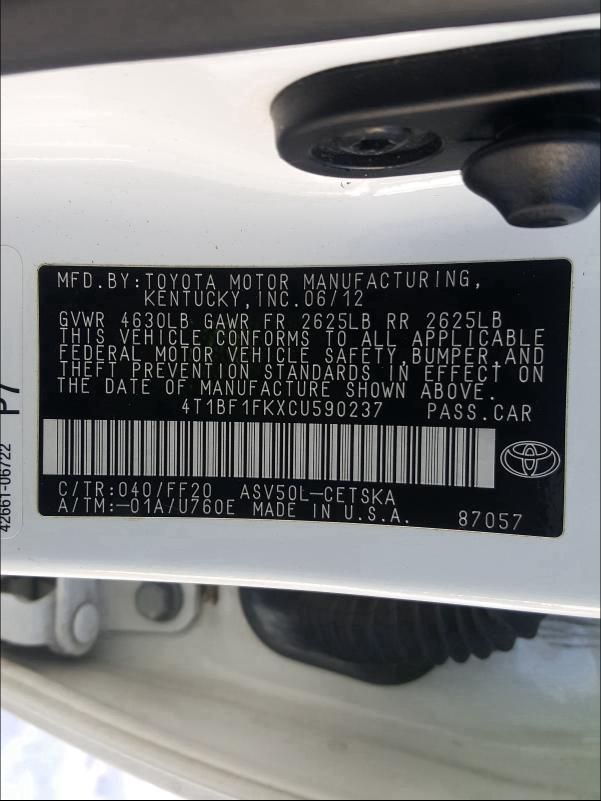 2012 TOYOTA CAMRY BASE 4T1BF1FKXCU590237