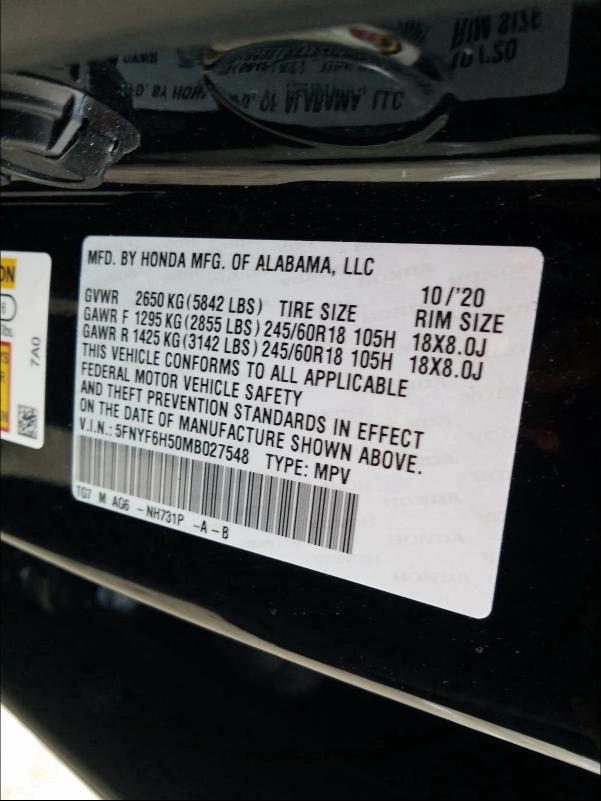 2021 HONDA PILOT EXL 5FNYF6H50MB027548