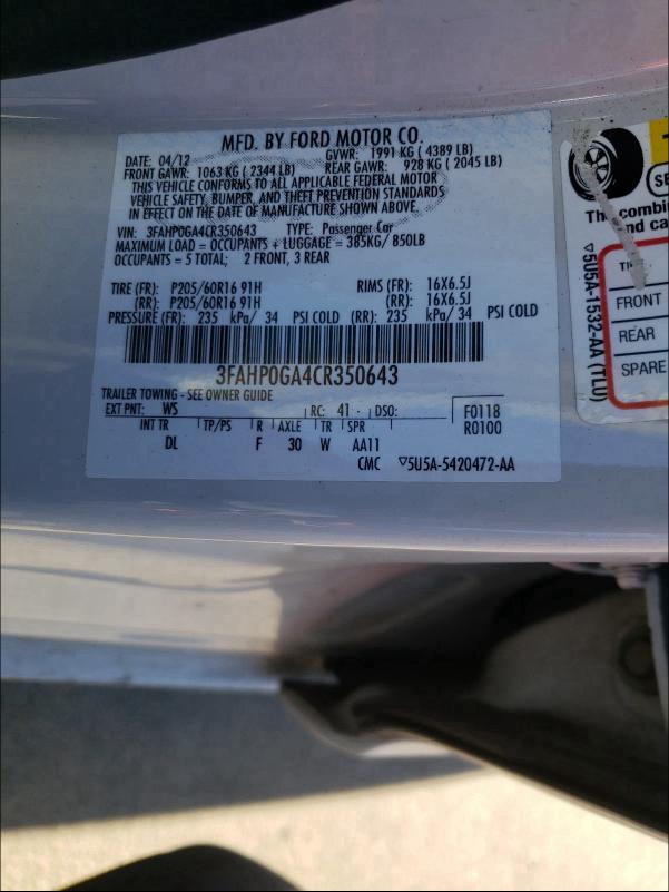 3FAHP0GA4CR350643 2012 Ford Fusion S 2.5L