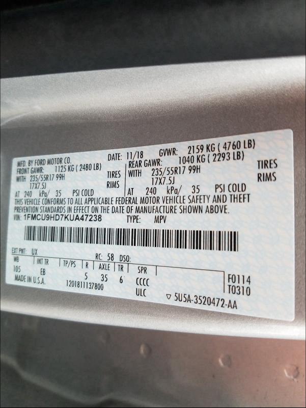 2019 FORD ESCAPE SEL 1FMCU9HD7KUA47238