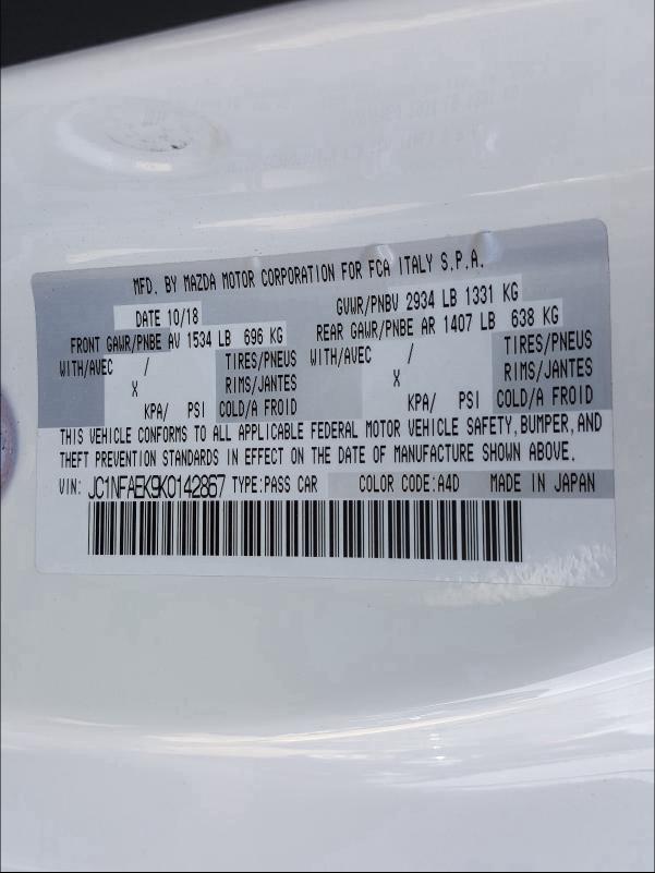 JC1NFAEK9K0142867 2019 Fiat 124 Spider 1.4L