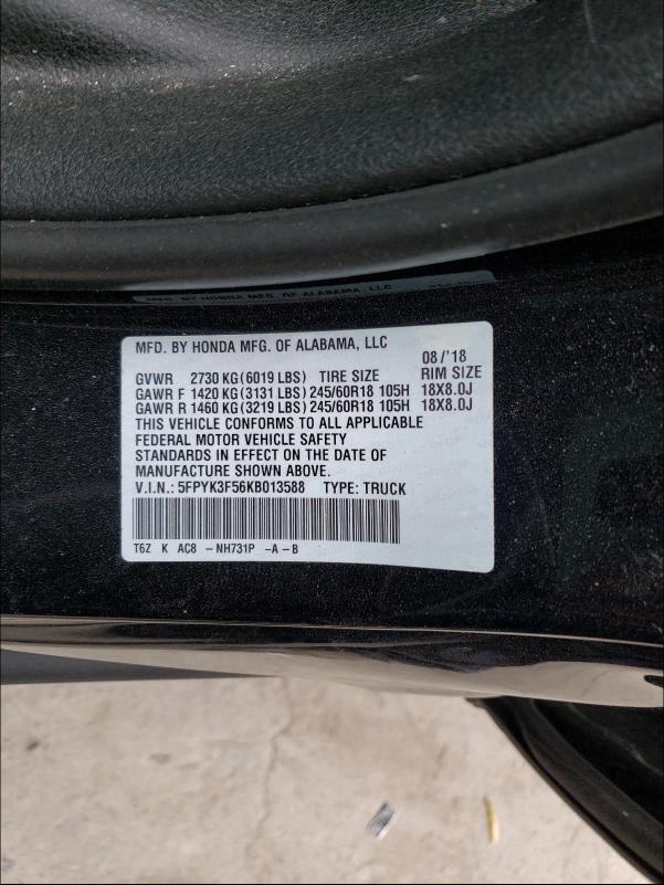 2019 HONDA RIDGELINE 5FPYK3F56KB013588