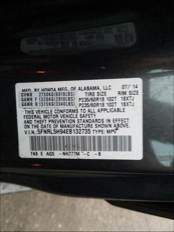 2014 HONDA ODYSSEY TO 5FNRL5H94EB132735