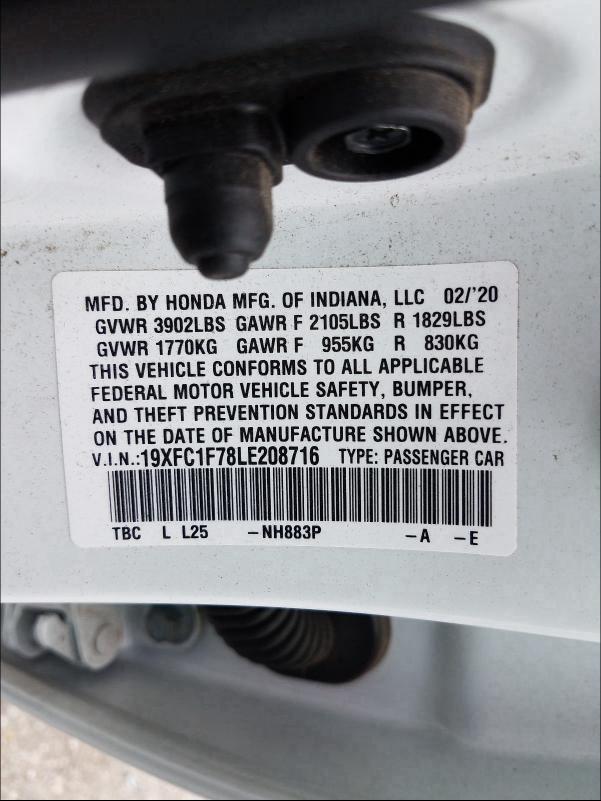 2020 HONDA CIVIC EXL 19XFC1F78LE208716