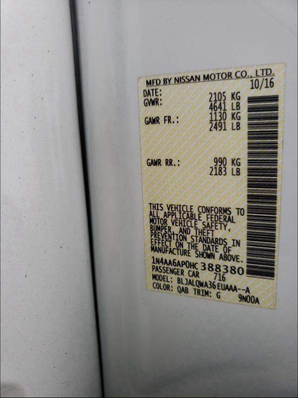 2017 NISSAN MAXIMA 3.5 1N4AA6AP0HC388380