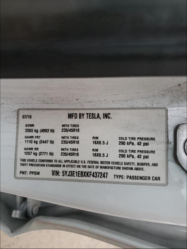 2019 TESLA MODEL 3 5YJ3E1EBXKF437247
