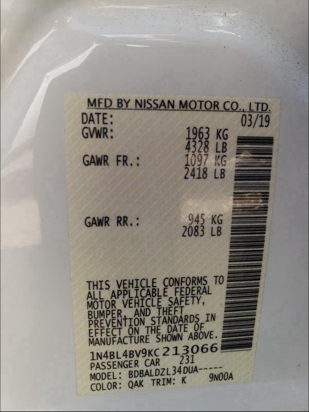 2019 NISSAN ALTIMA S 1N4BL4BV9KC213066