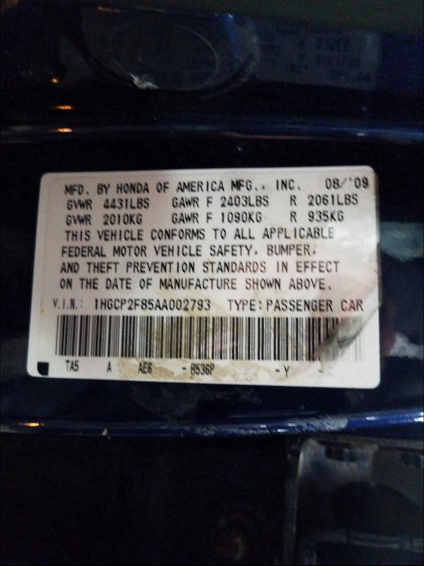 2010 HONDA ACCORD EXL 1HGCP2F85AA002793