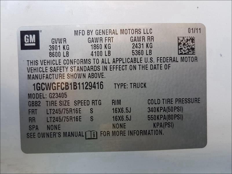 2011 CHEVROLET EXPRESS G2 1GCWGFCB1B1129416