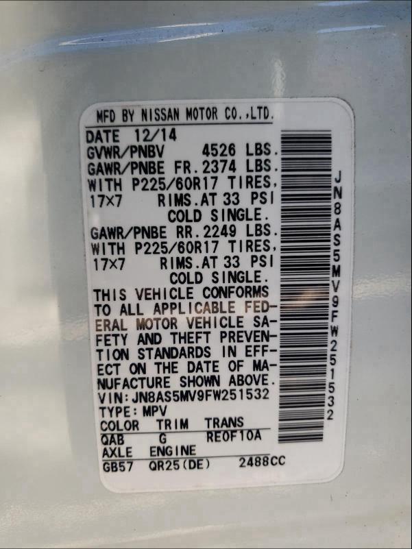 2015 NISSAN ROGUE SELE JN8AS5MV9FW251532