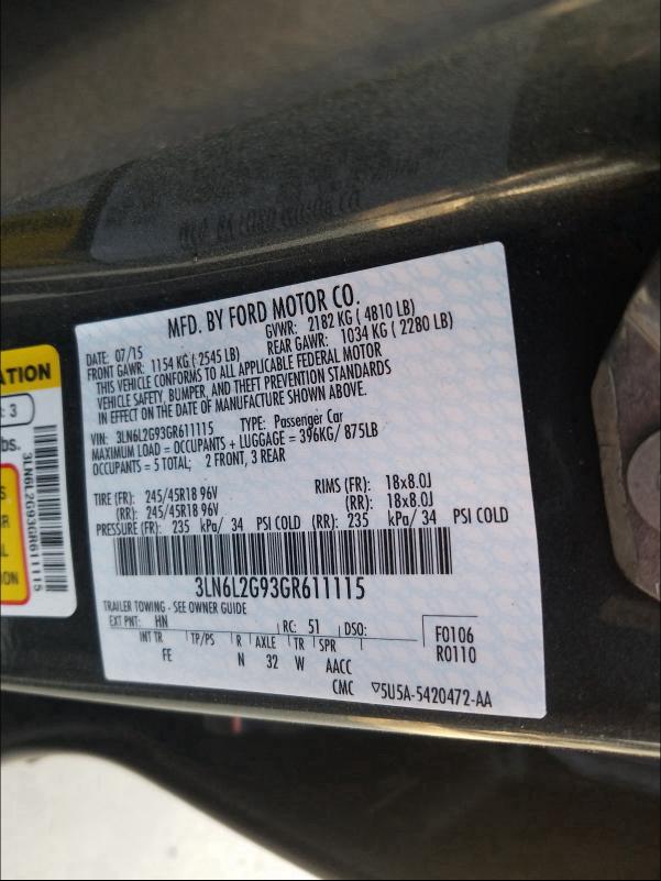 2016 LINCOLN MKZ 3LN6L2G93GR611115