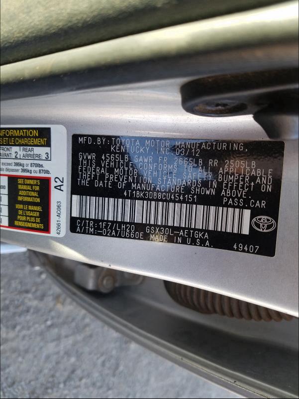 2012 TOYOTA AVALON BAS 4T1BK3DB8CU454151