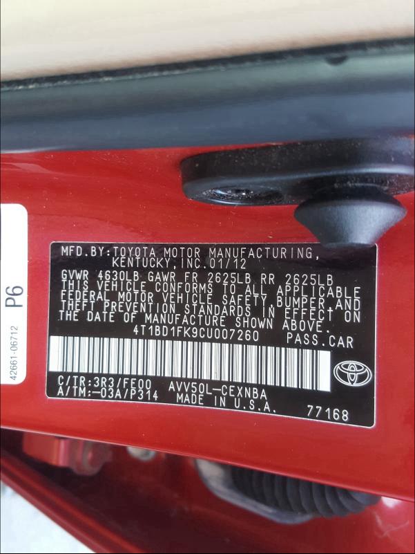 2012 TOYOTA CAMRY HYBR 4T1BD1FK9CU007260