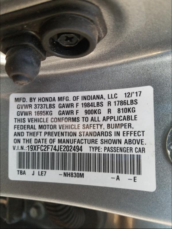 2018 HONDA CIVIC EX 19XFC2F74JE202494