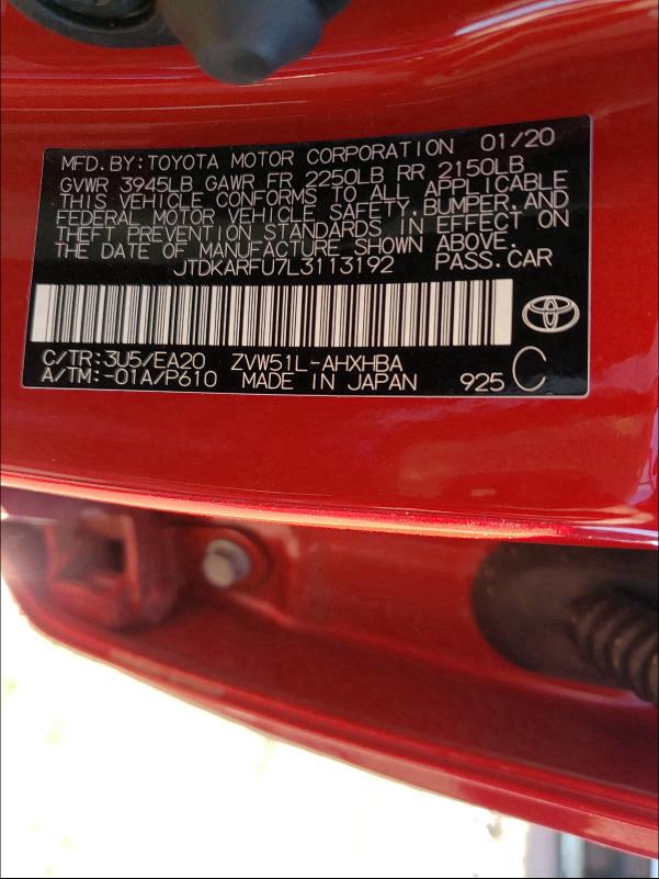 2020 TOYOTA PRIUS L JTDKARFU7L3113192