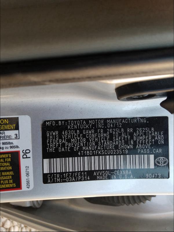 2012 TOYOTA CAMRY HYBR 4T1BD1FK5CU023519