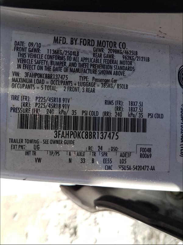 2011 FORD FUSION SPO 3FAHP0KC8BR137475