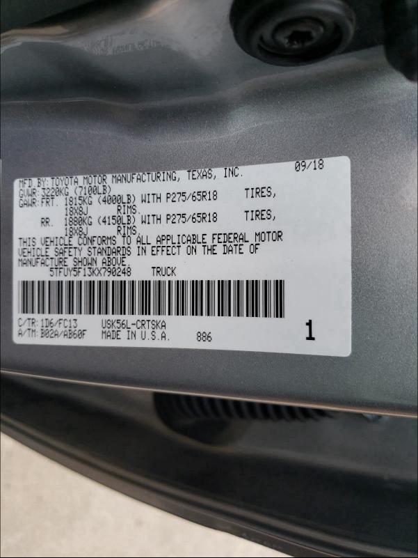 2019 TOYOTA TUNDRA DOU 5TFUY5F13KX790248
