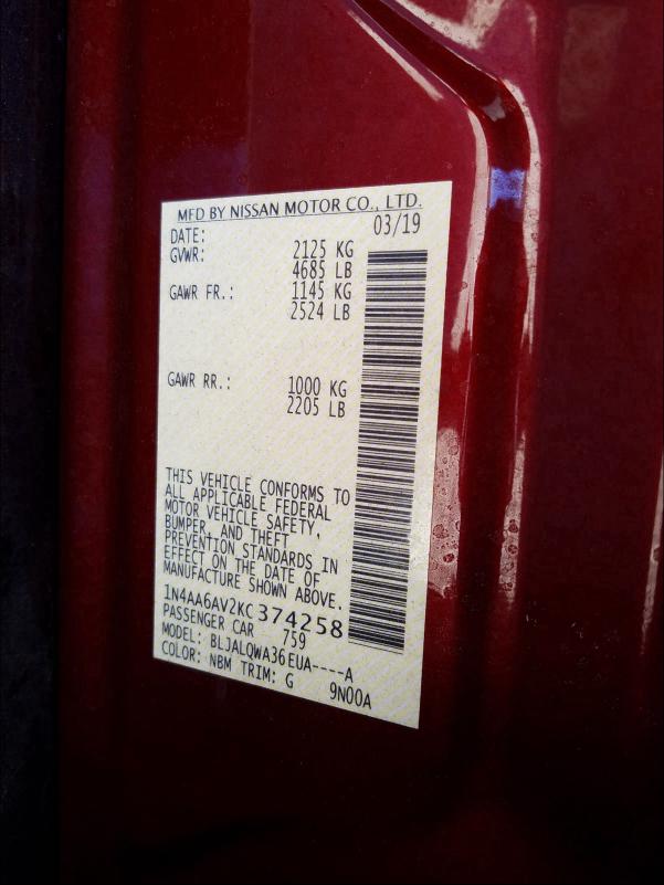 2019 NISSAN MAXIMA S 1N4AA6AV2KC374258