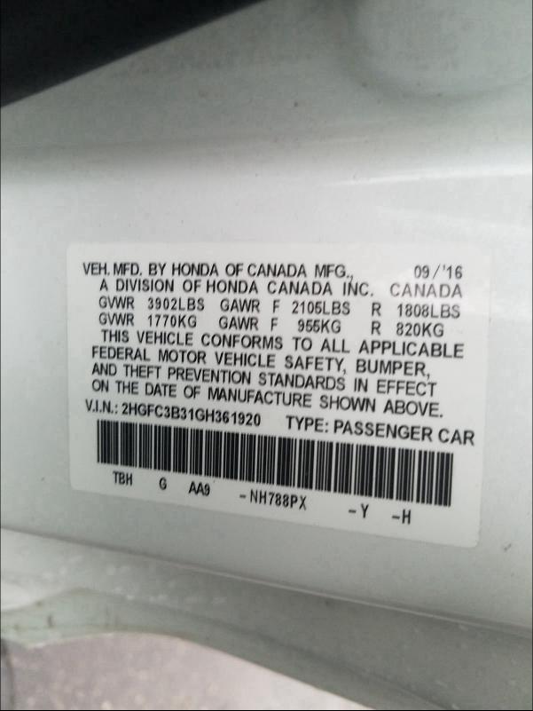 2016 HONDA CIVIC 2HGFC3B31GH361920