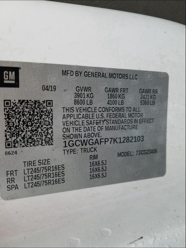 2019 CHEVROLET EXPRESS G2 1GCWGAFP7K1282103