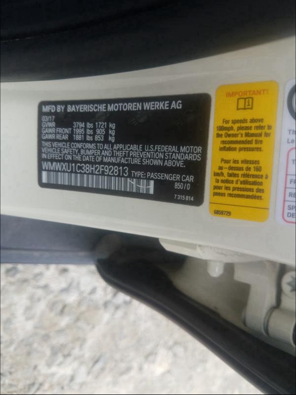 2017 MINI COOPER WMWXU1C38H2F92813