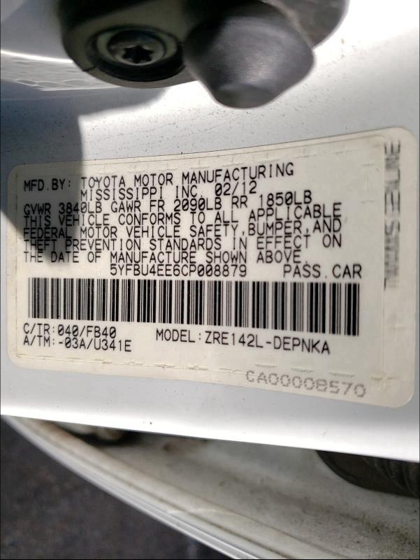 2012 TOYOTA COROLLA BA - 5YFBU4EE6CP008879