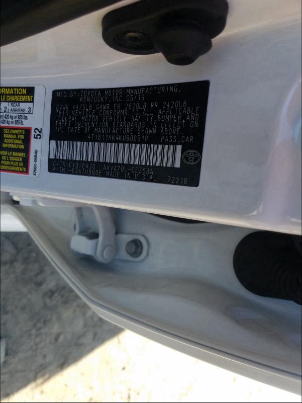 2019 TOYOTA CAMRY 4T1B11HK4KU800518