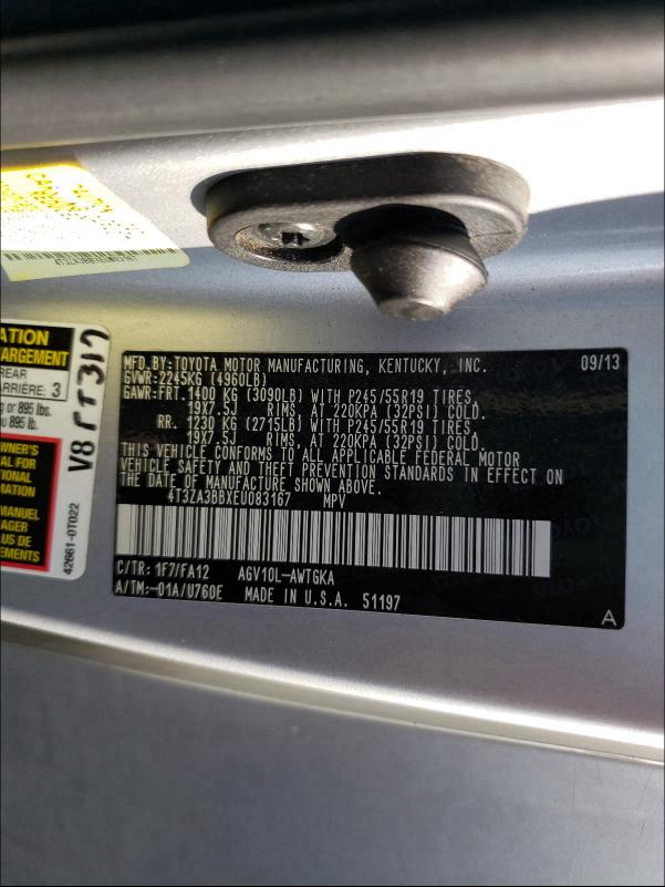 2014 TOYOTA VENZA LE 4T3ZA3BBXEU083167