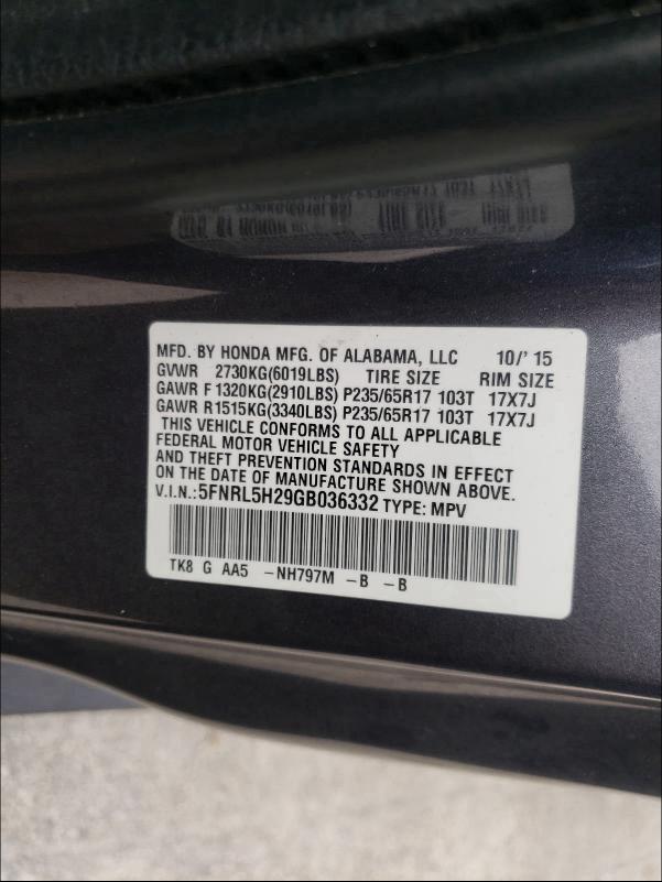 2016 HONDA ODYSSEY LX 5FNRL5H29GB036332