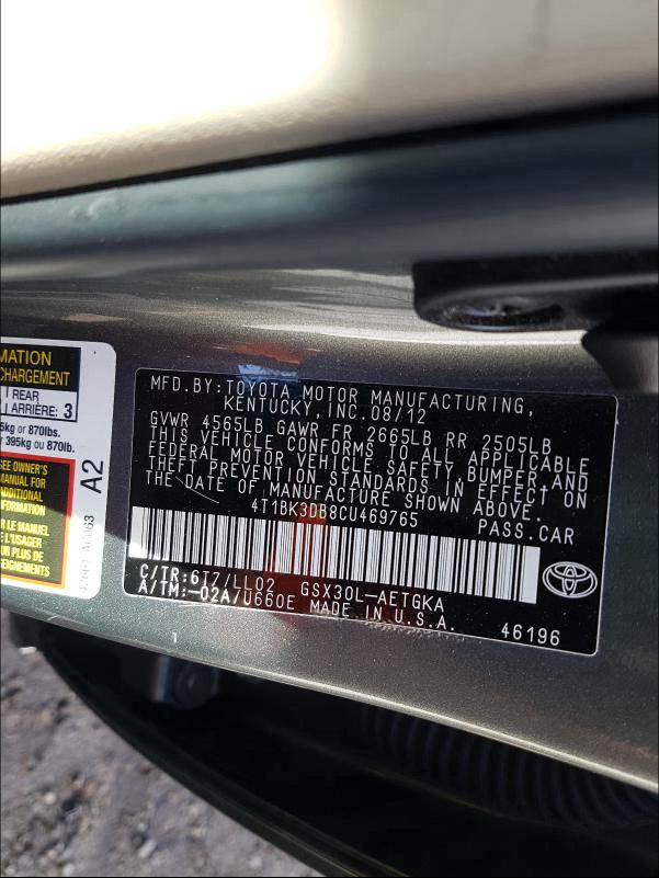 2012 TOYOTA AVALON BAS 4T1BK3DB8CU469765