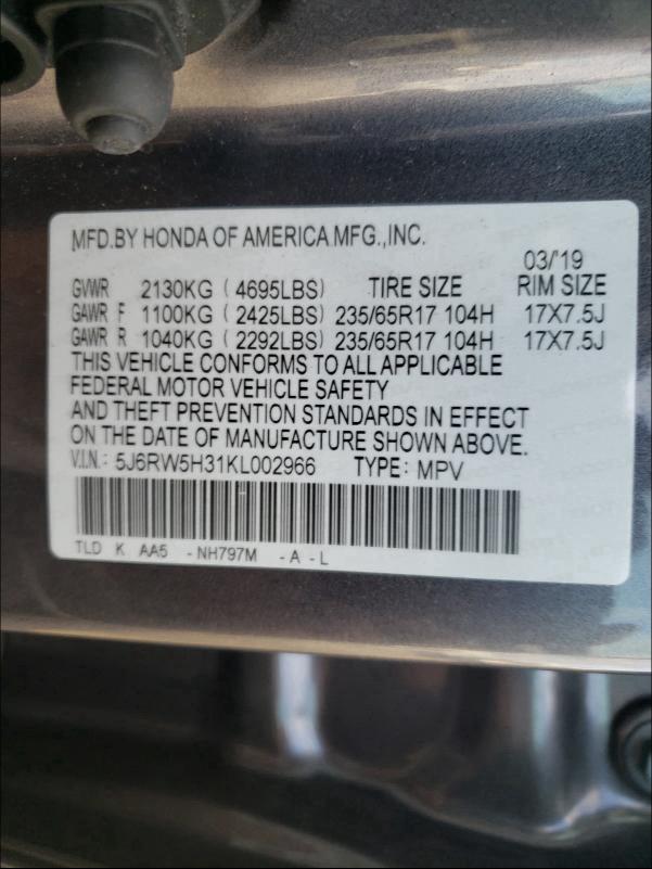 2019 HONDA CR-V LX 5J6RW5H31KL002966